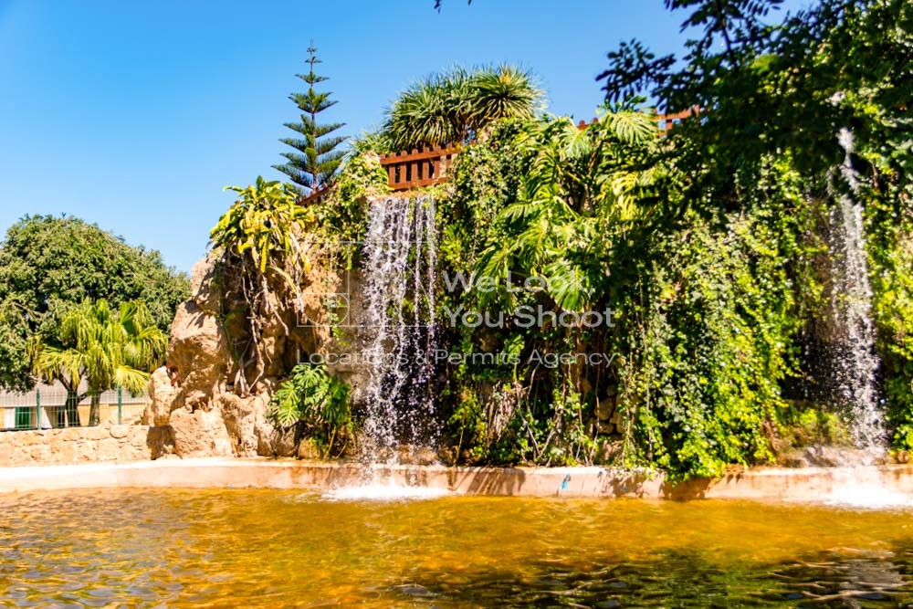 parque, bancos, plantas, albero, árboles, cascada, fuente