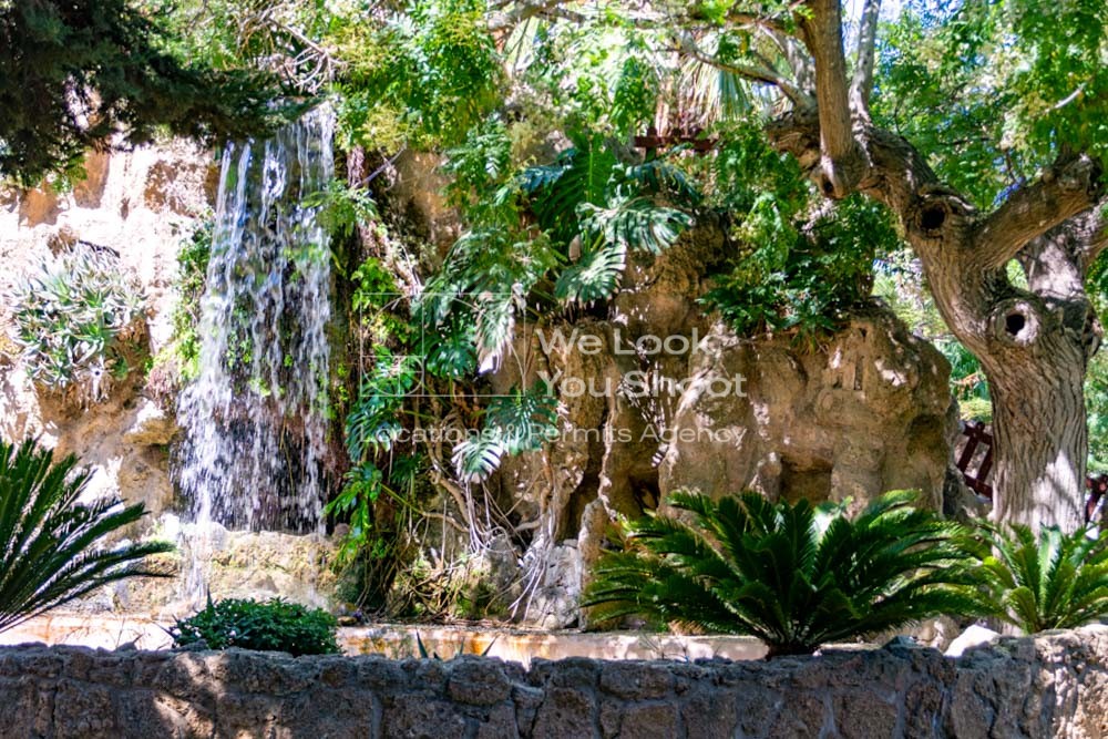 parque, bancos, plantas, albero, árboles, cascada