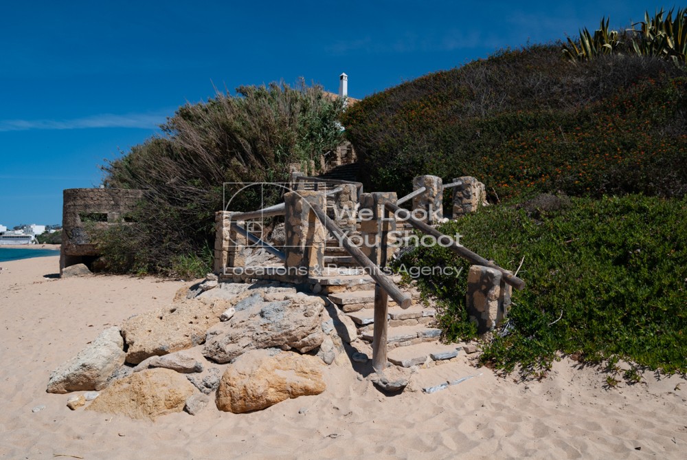 playa, arena, dorada, rocas, agua, cristalina, mar, escalera