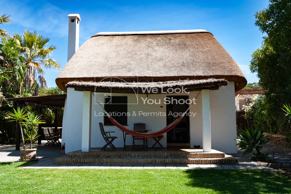 Choza, madera, porche, jardín, escalón olivo