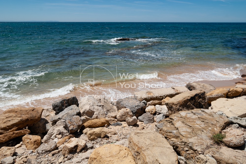 playa, arena, dorada, rocas, agua, cristalina, mar